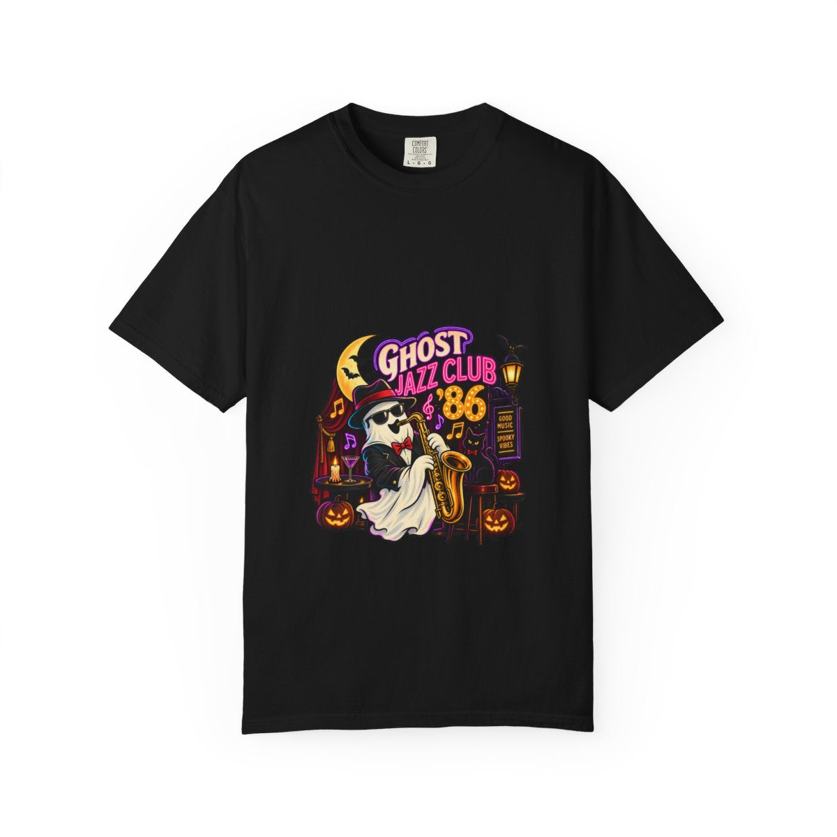 Ghost Jazz Club '86 T-shirt | Halloween ghost saxophone design