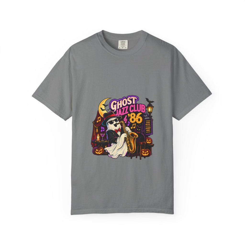 Ghost Jazz Club '86 T-shirt | Halloween ghost saxophone design