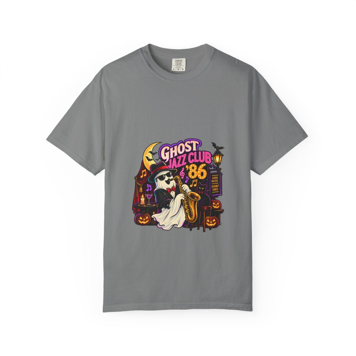 Ghost Jazz Club '86 T-shirt | Halloween ghost saxophone design