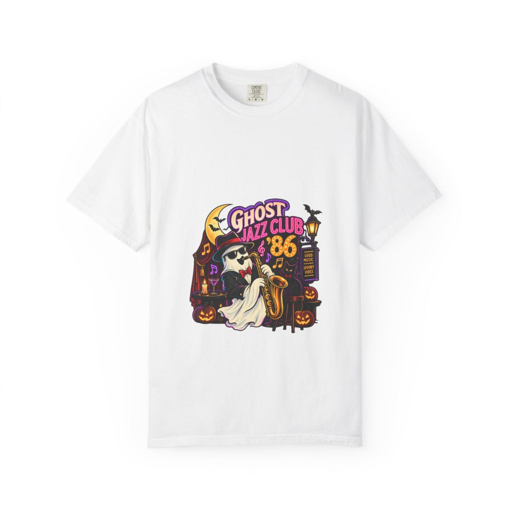 Ghost Jazz Club '86 T-shirt | Halloween ghost saxophone design