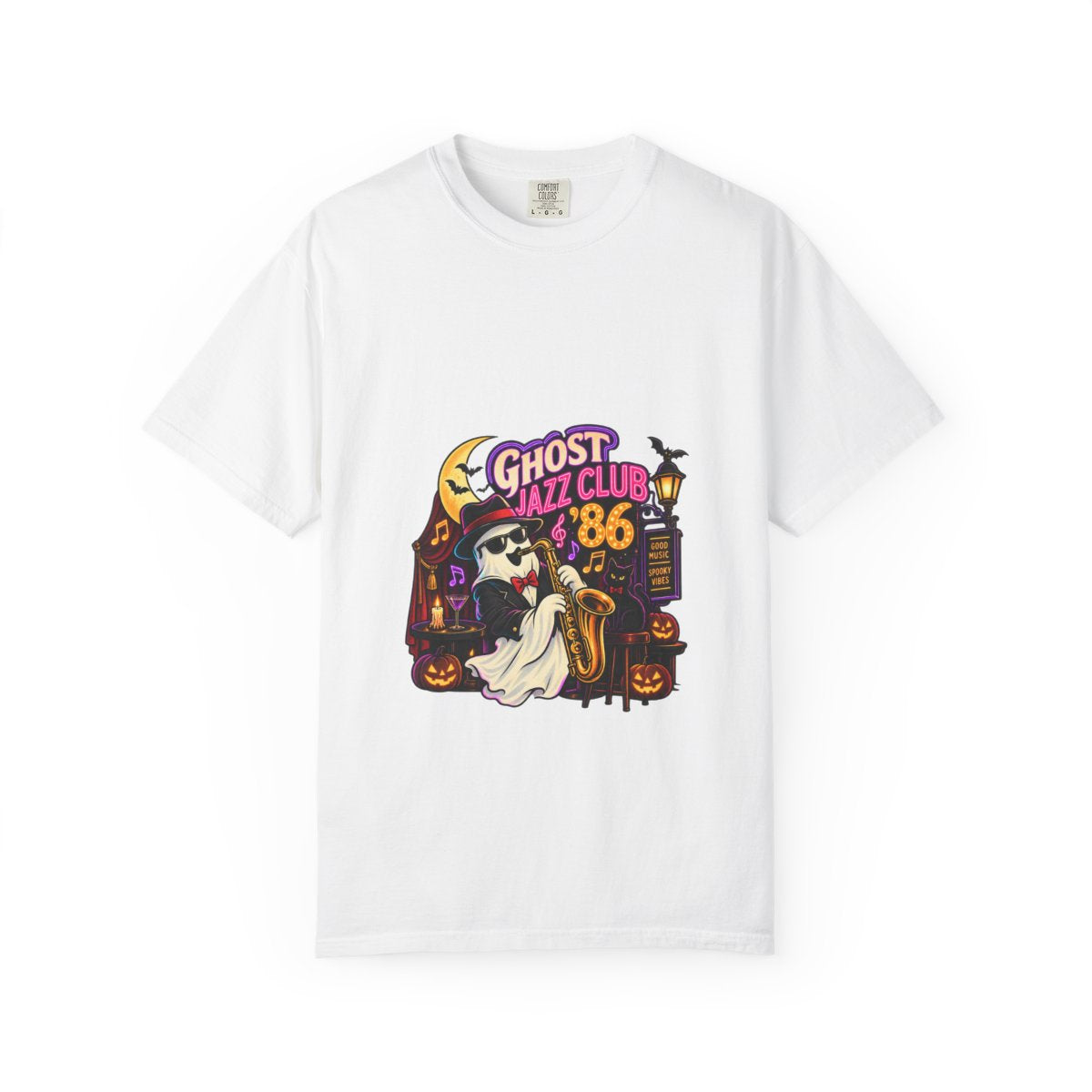 Ghost Jazz Club '86 T-shirt | Halloween ghost saxophone design
