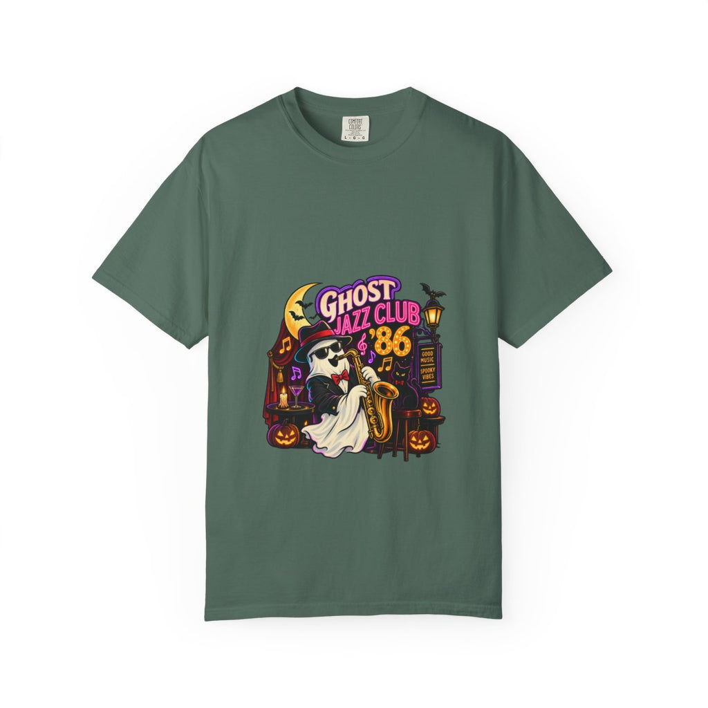 Ghost Jazz Club '86 T-shirt | Halloween ghost saxophone design