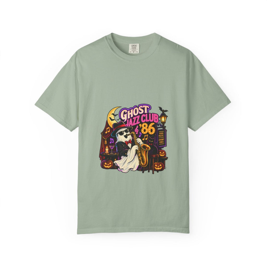 Ghost Jazz Club '86 T-shirt | Halloween ghost saxophone design