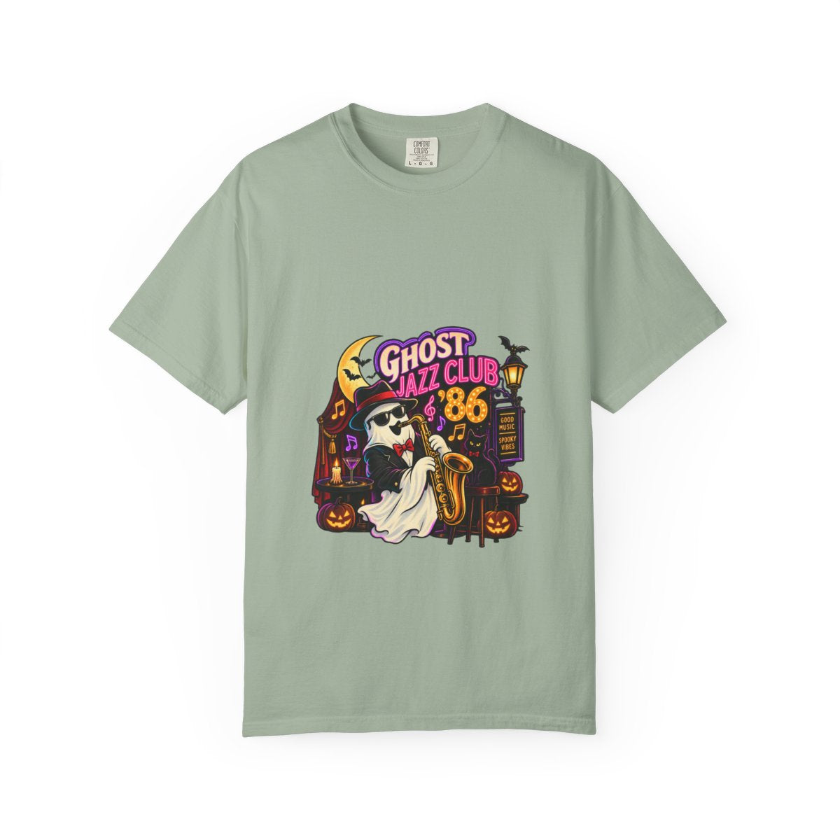 Ghost Jazz Club '86 T-shirt | Halloween ghost saxophone design