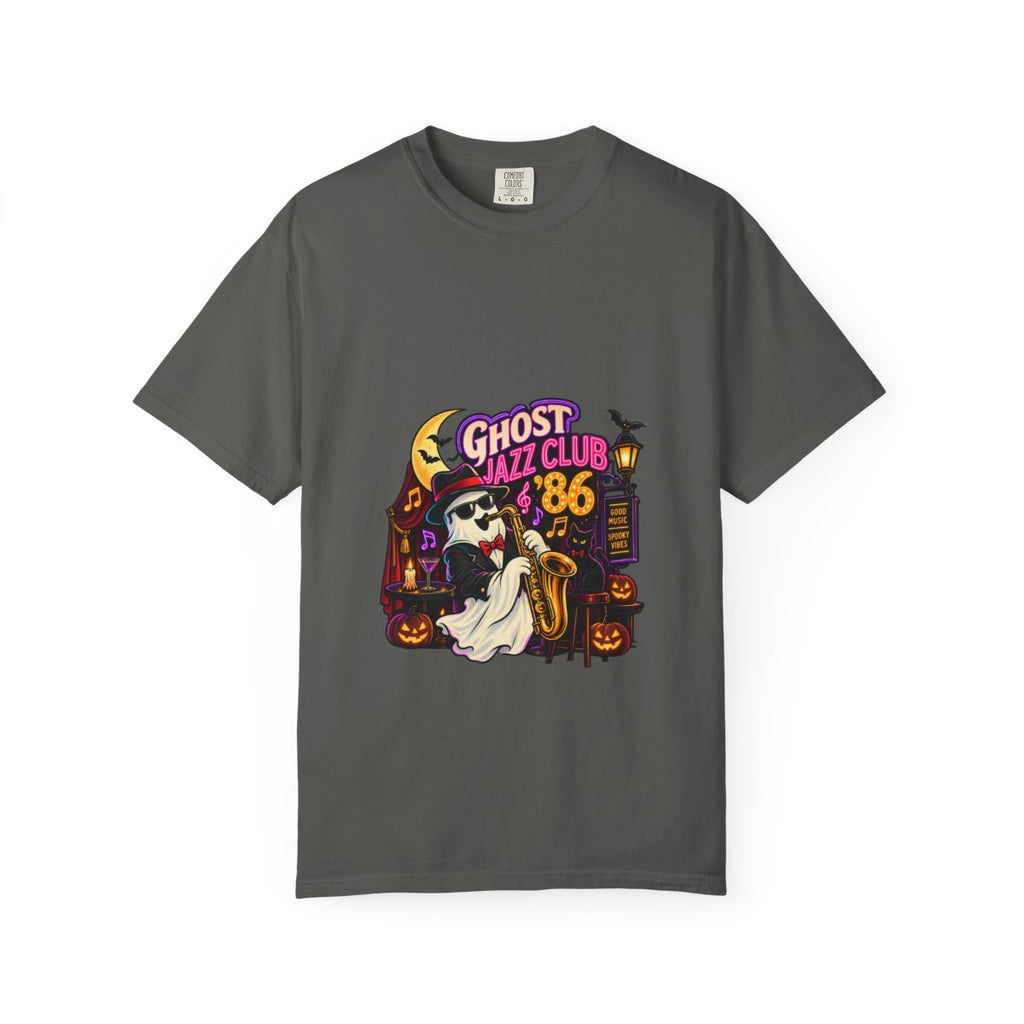 Ghost Jazz Club '86 T-shirt | Halloween ghost saxophone design