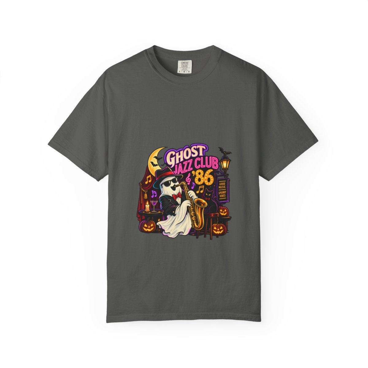 Ghost Jazz Club '86 T-shirt | Halloween ghost saxophone design