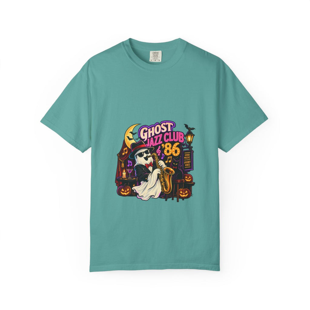 Ghost Jazz Club '86 T-shirt | Halloween ghost saxophone design