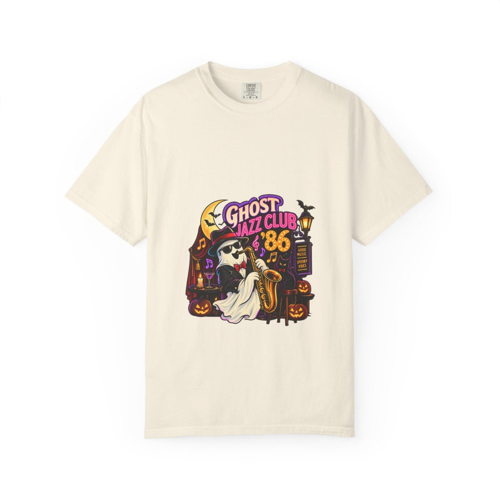 Ghost Jazz Club '86 T-shirt | Halloween ghost saxophone design