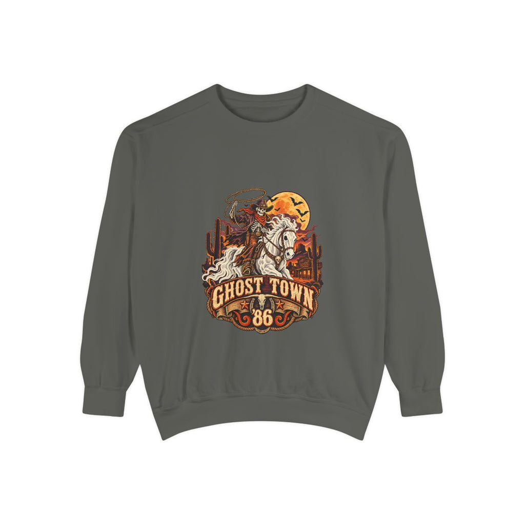 Ghost Town '86 Western Halloween Sweatshirt | Skeleton Cowboy Ghost Rider Graphic Crewneck, Retro Spooky Season Gift