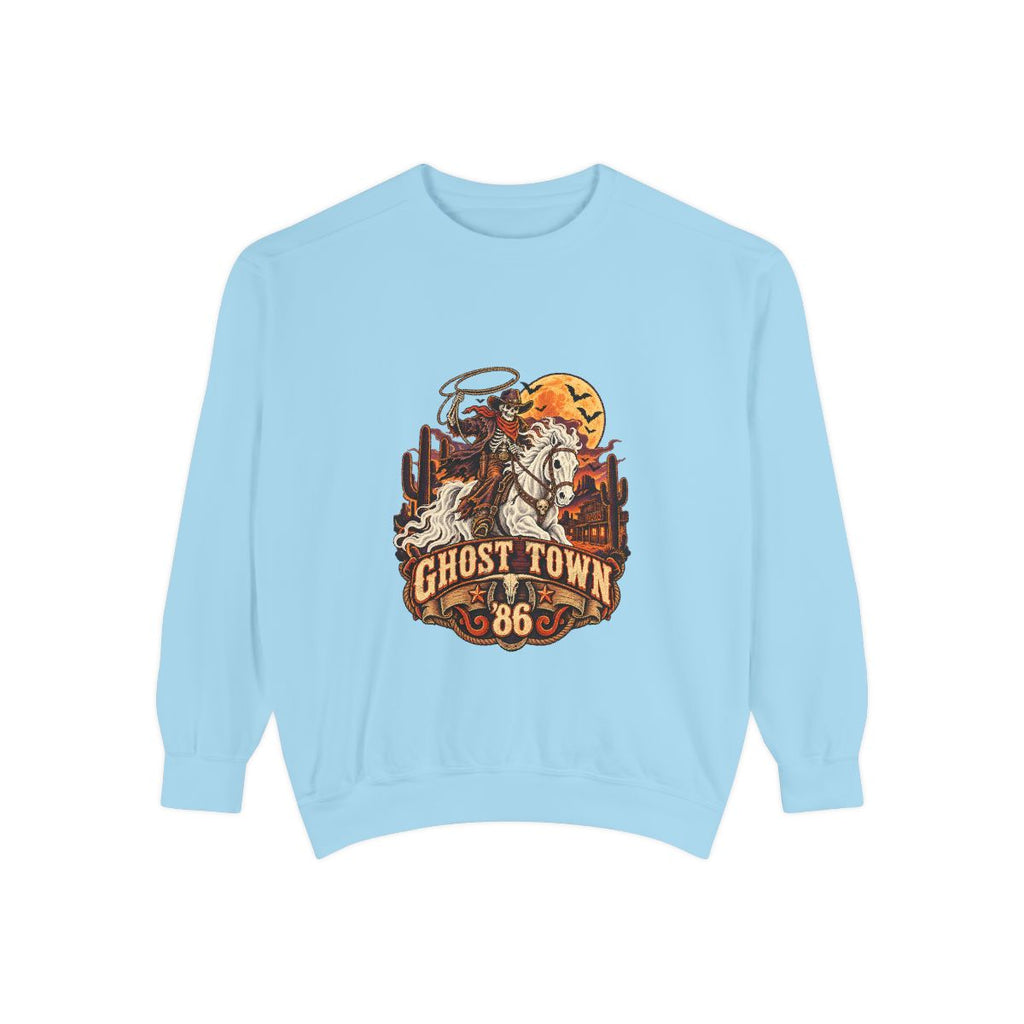 Ghost Town '86 Western Halloween Sweatshirt | Skeleton Cowboy Ghost Rider Graphic Crewneck, Retro Spooky Season Gift