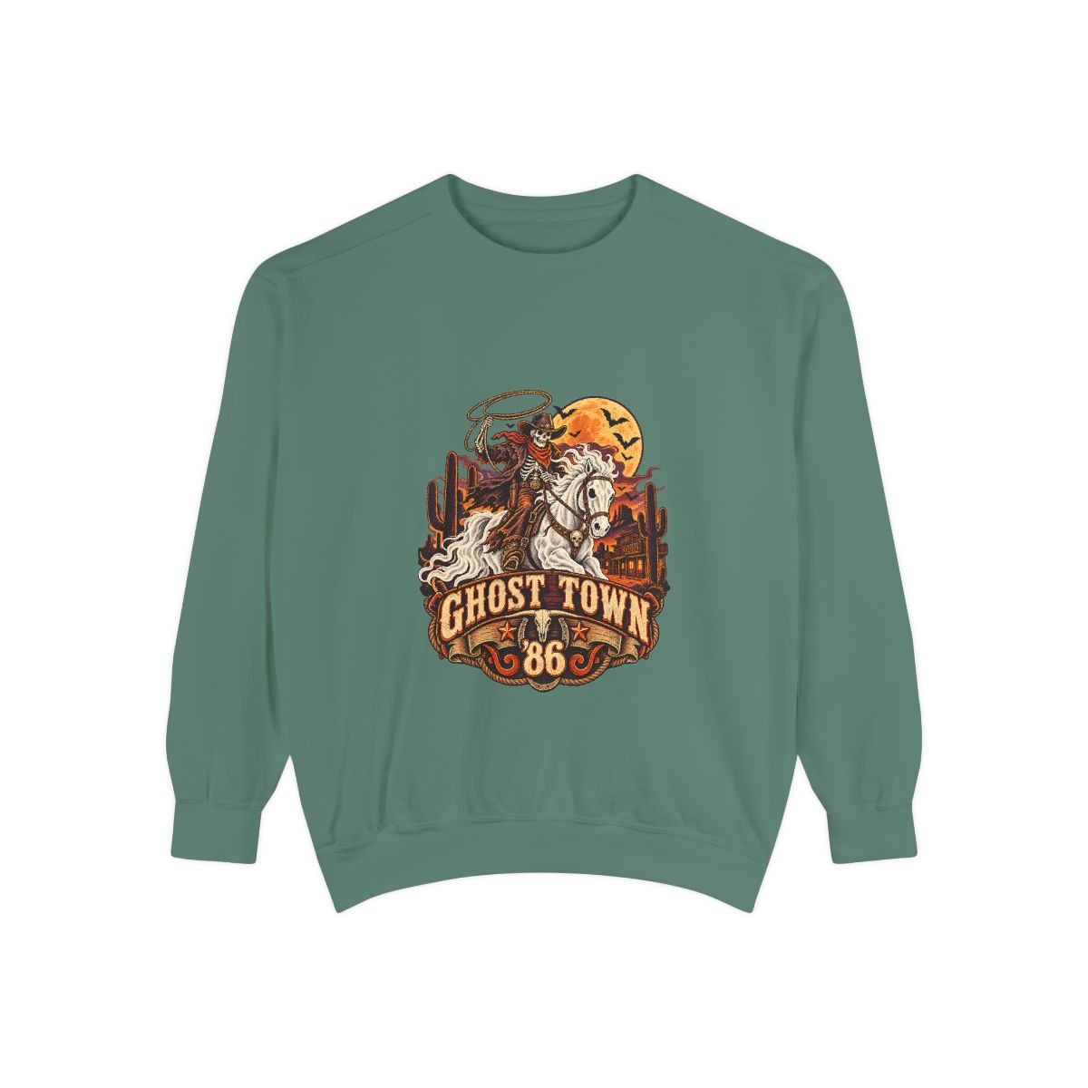 Ghost Town '86 Western Halloween Sweatshirt | Skeleton Cowboy Ghost Rider Graphic Crewneck, Retro Spooky Season Gift