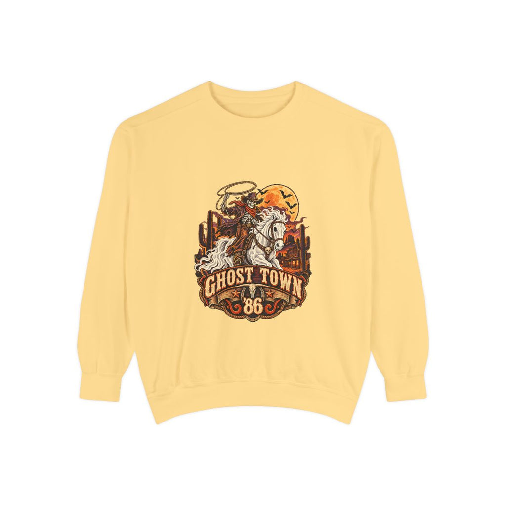 Ghost Town '86 Western Halloween Sweatshirt | Skeleton Cowboy Ghost Rider Graphic Crewneck, Retro Spooky Season Gift