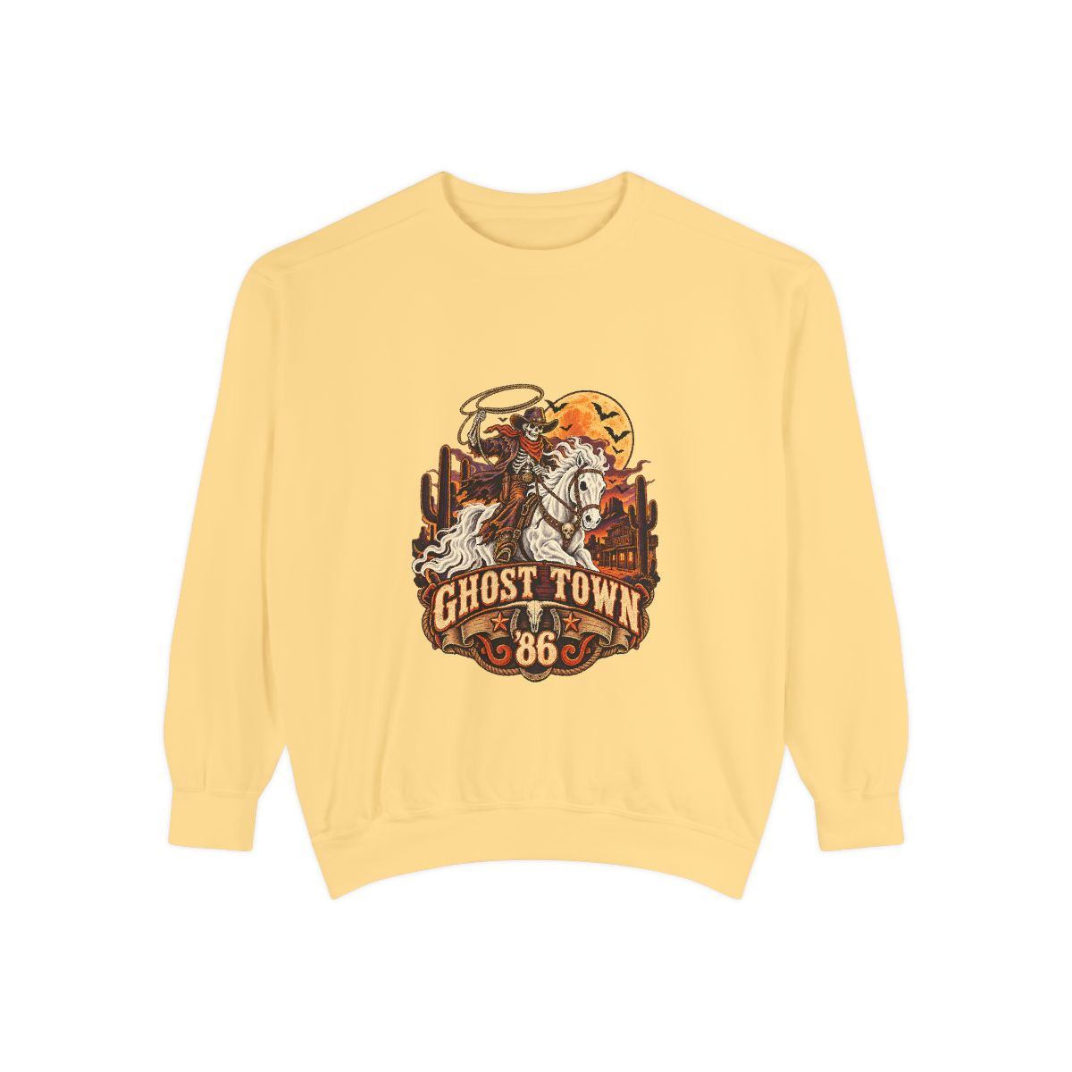 Ghost Town '86 Western Halloween Sweatshirt | Skeleton Cowboy Ghost Rider Graphic Crewneck, Retro Spooky Season Gift
