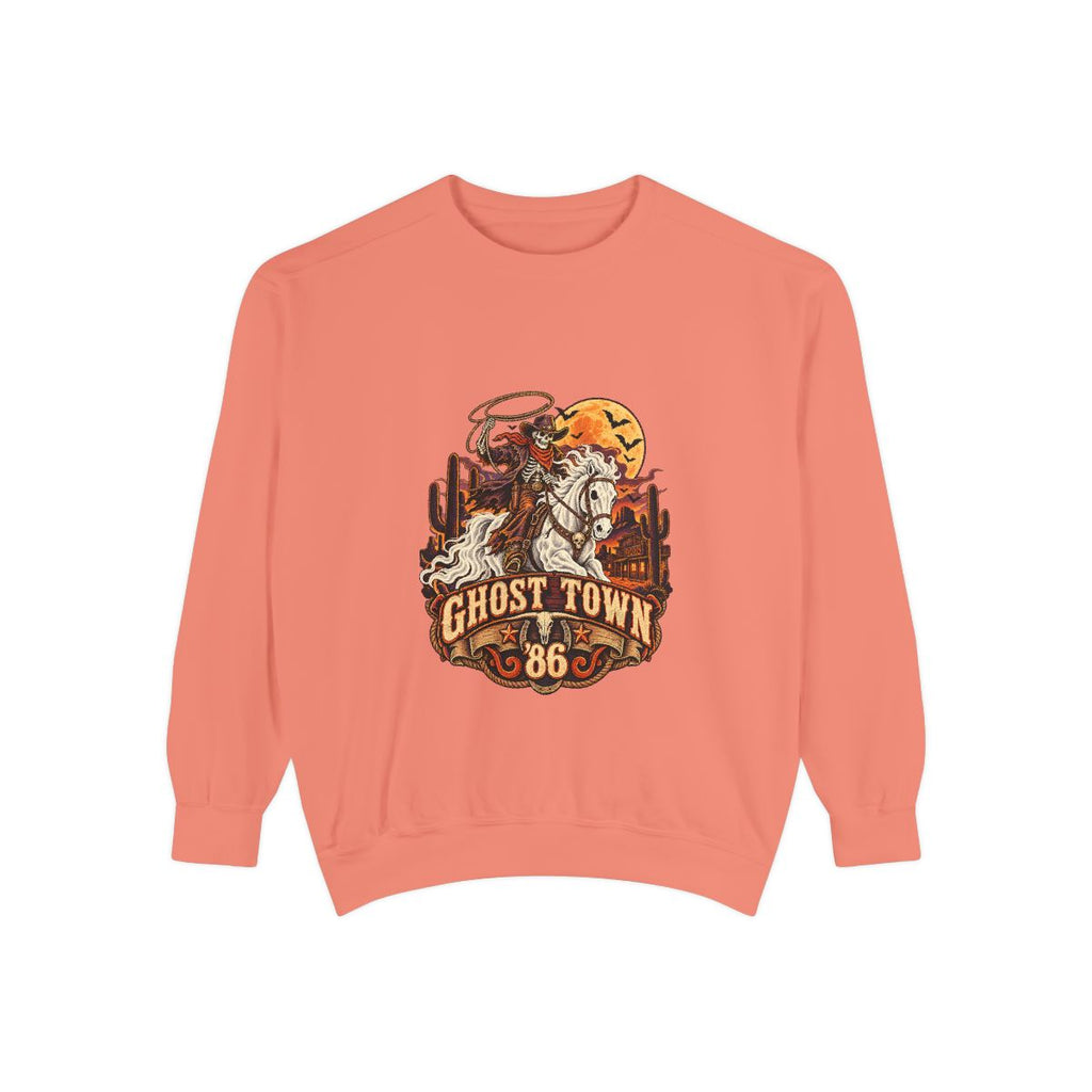 Ghost Town '86 Western Halloween Sweatshirt | Skeleton Cowboy Ghost Rider Graphic Crewneck, Retro Spooky Season Gift
