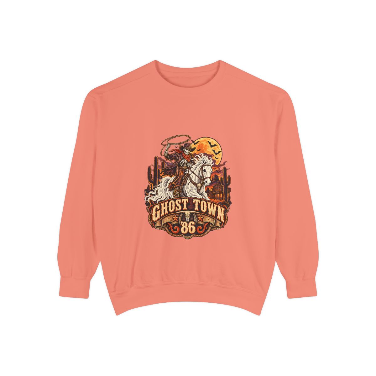 Ghost Town '86 Western Halloween Sweatshirt | Skeleton Cowboy Ghost Rider Graphic Crewneck, Retro Spooky Season Gift