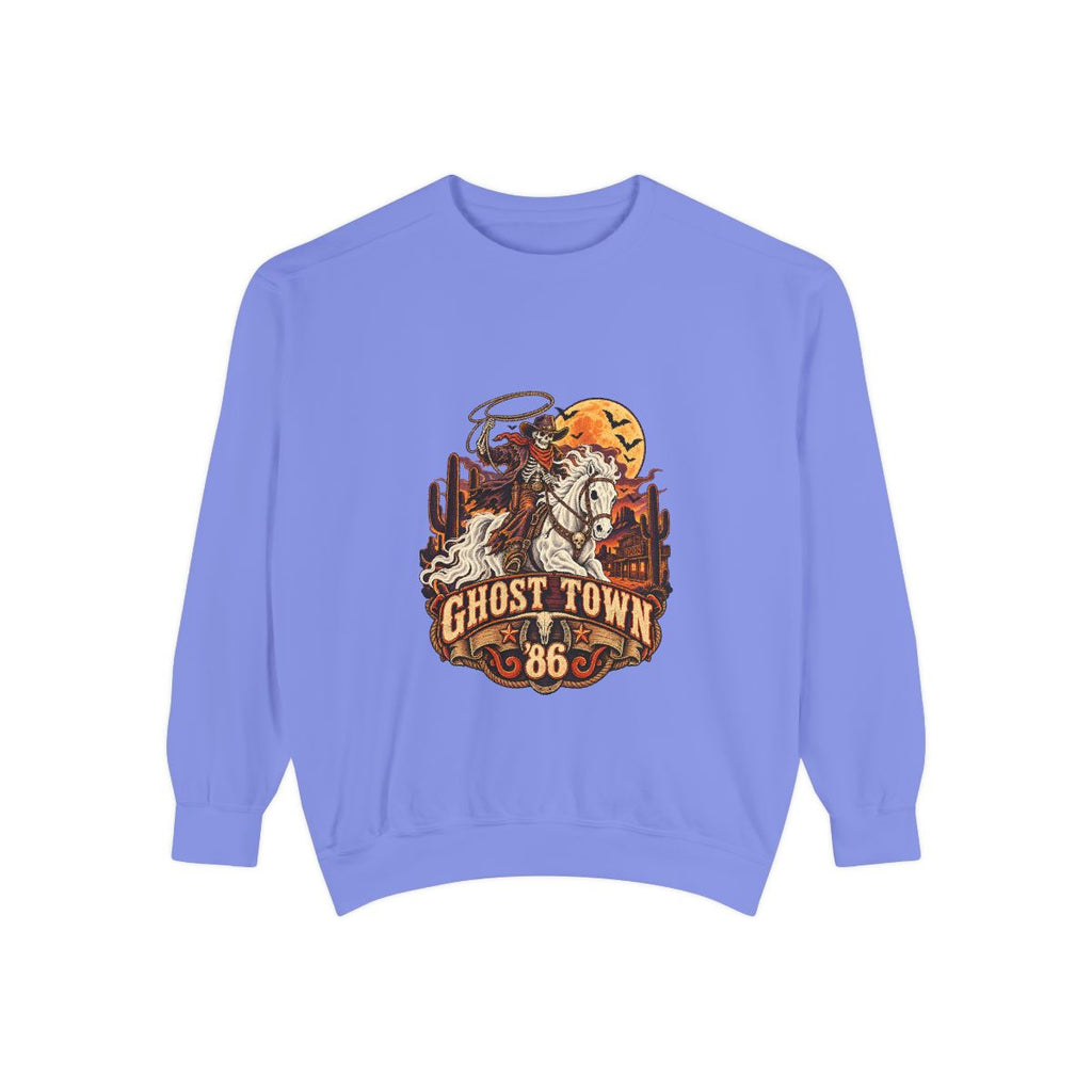 Ghost Town '86 Western Halloween Sweatshirt | Skeleton Cowboy Ghost Rider Graphic Crewneck, Retro Spooky Season Gift