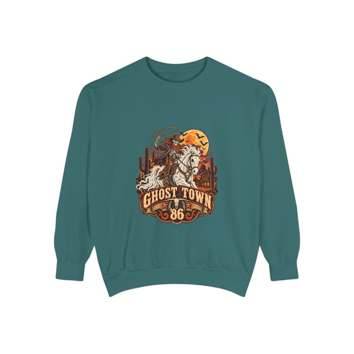 Ghost Town '86 Western Halloween Sweatshirt | Skeleton Cowboy Ghost Rider Graphic Crewneck, Retro Spooky Season Gift