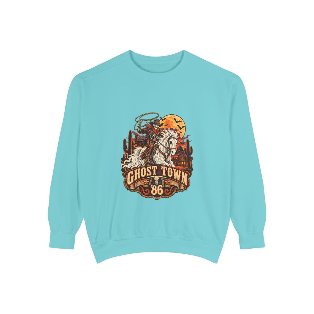 Ghost Town '86 Western Halloween Sweatshirt | Skeleton Cowboy Ghost Rider Graphic Crewneck, Retro Spooky Season Gift