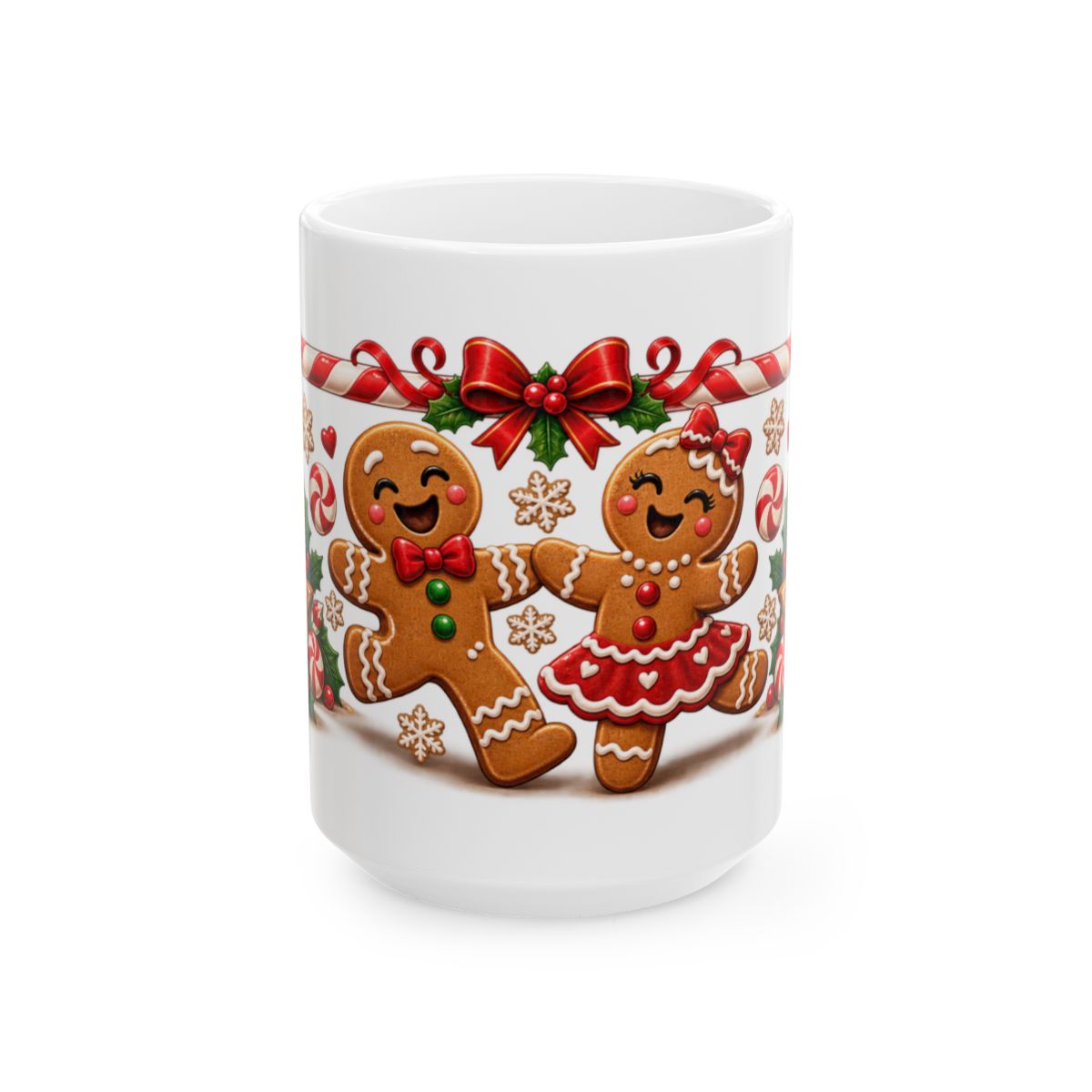 Gingerbread Couple Christmas Mug | Candy Cane Holly Holiday Ceramic Mug