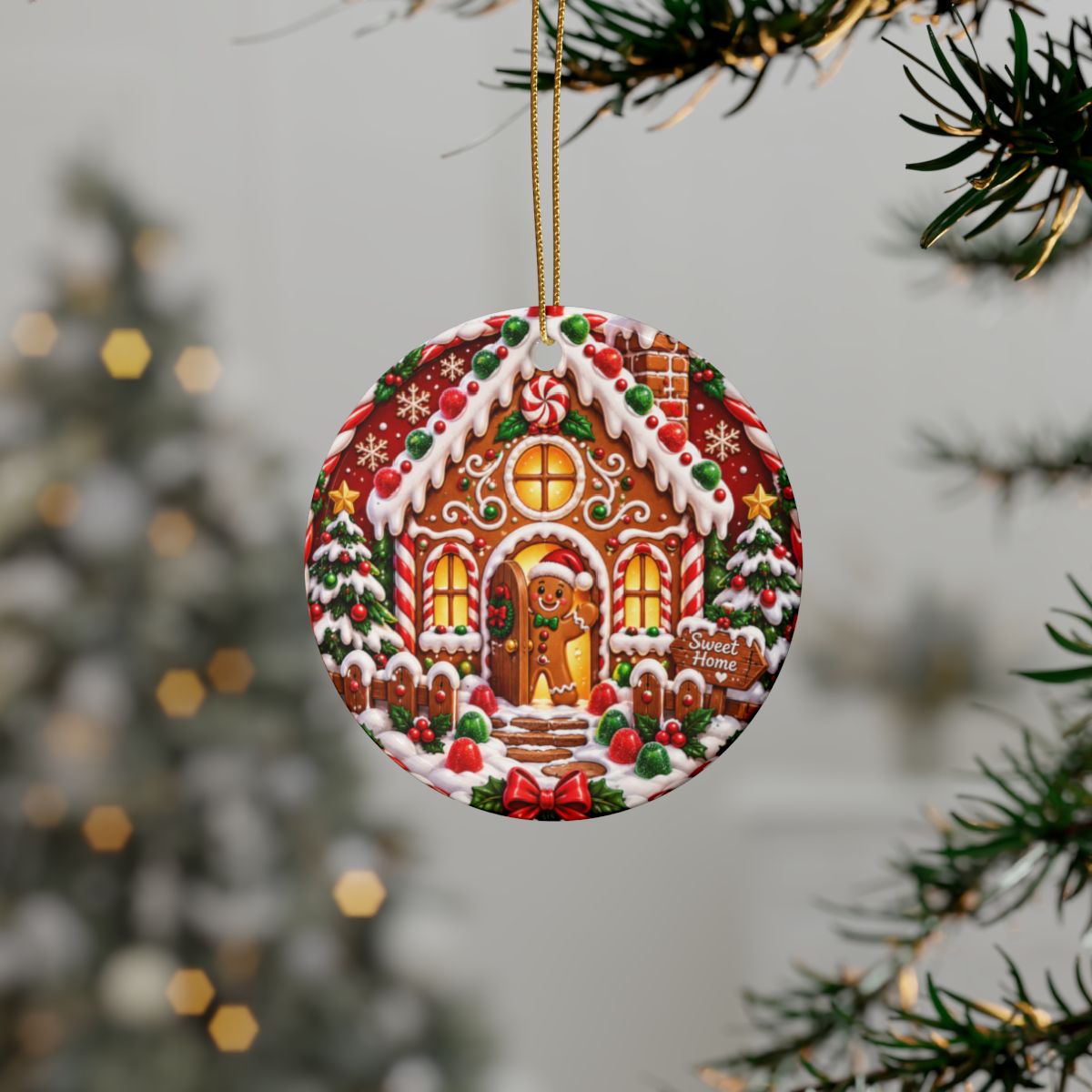 Gingerbread House Ornament Ceramic Ornament | Christmas Holiday Tree Decor