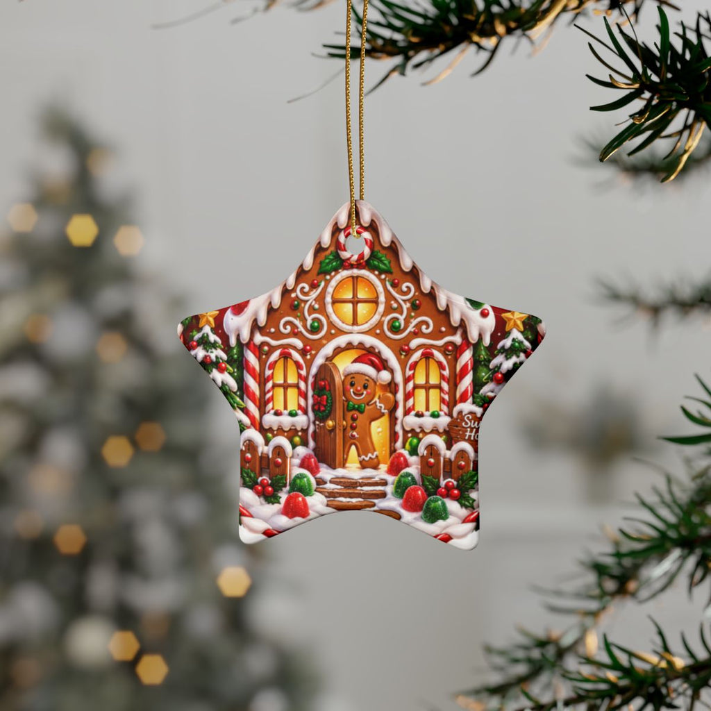 Gingerbread House Star Ornament | Ceramic Christmas Ornament, Holiday Tree Decoration