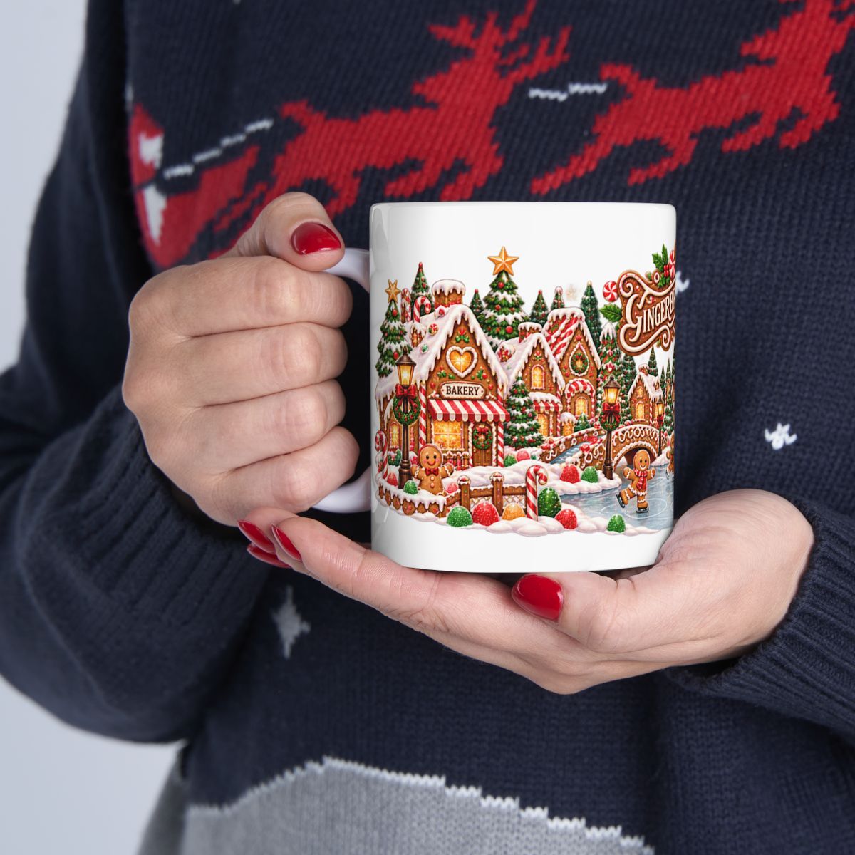Gingerbread Village Christmas Mug | Candy House Icing Swirl Holiday Coffee Mug, Festive Hot Cocoa Cup Gift