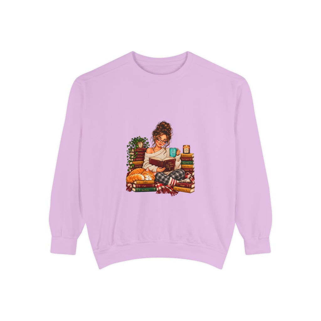Girl Reading on Bookshelf Sweatshirt | Cozy Booklover Illustration