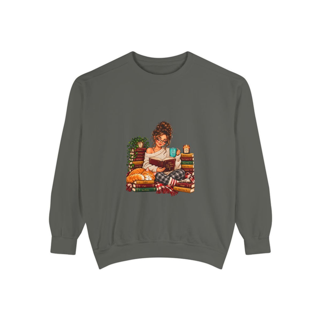 Girl Reading on Bookshelf Sweatshirt | Cozy Booklover Illustration