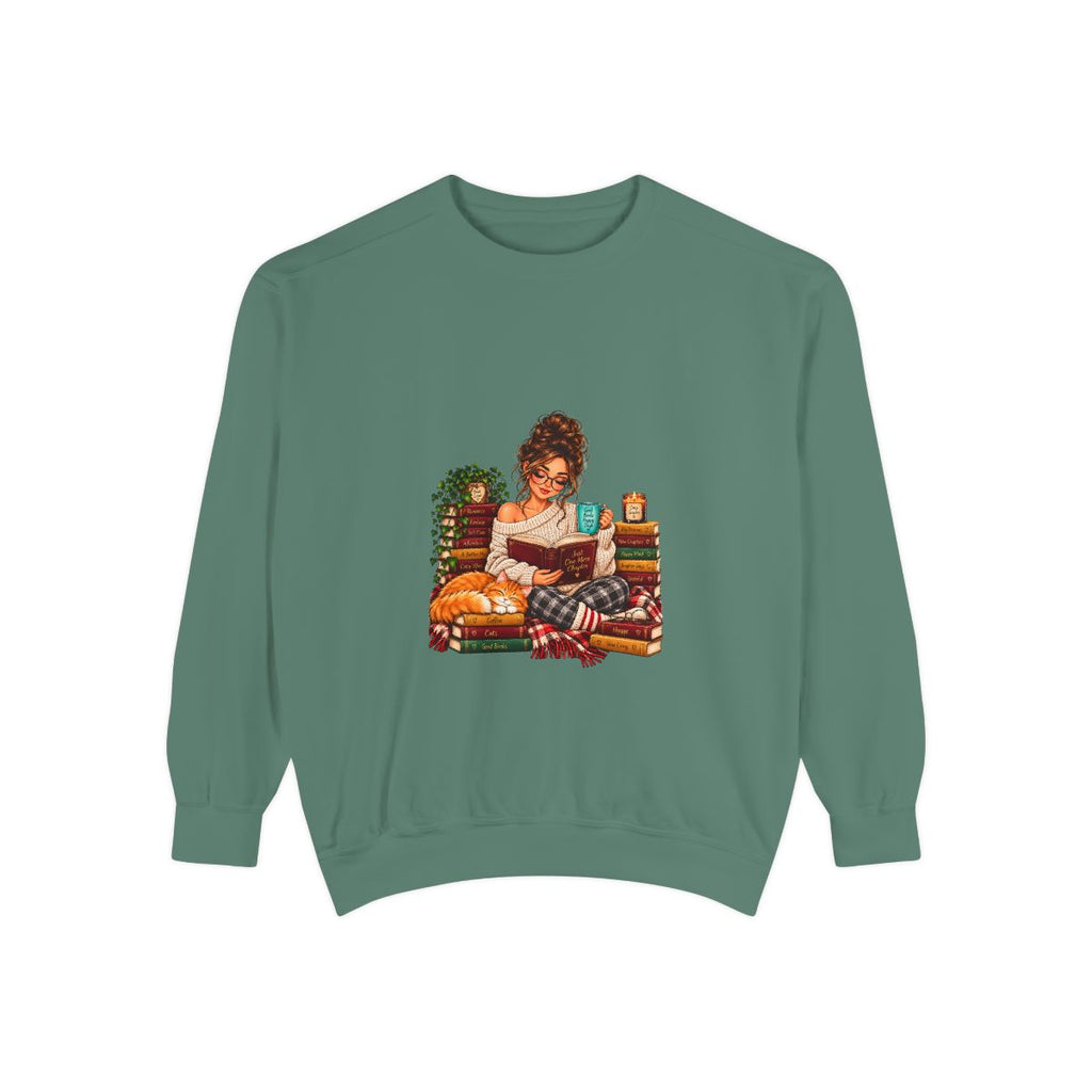Girl Reading on Bookshelf Sweatshirt | Cozy Booklover Illustration