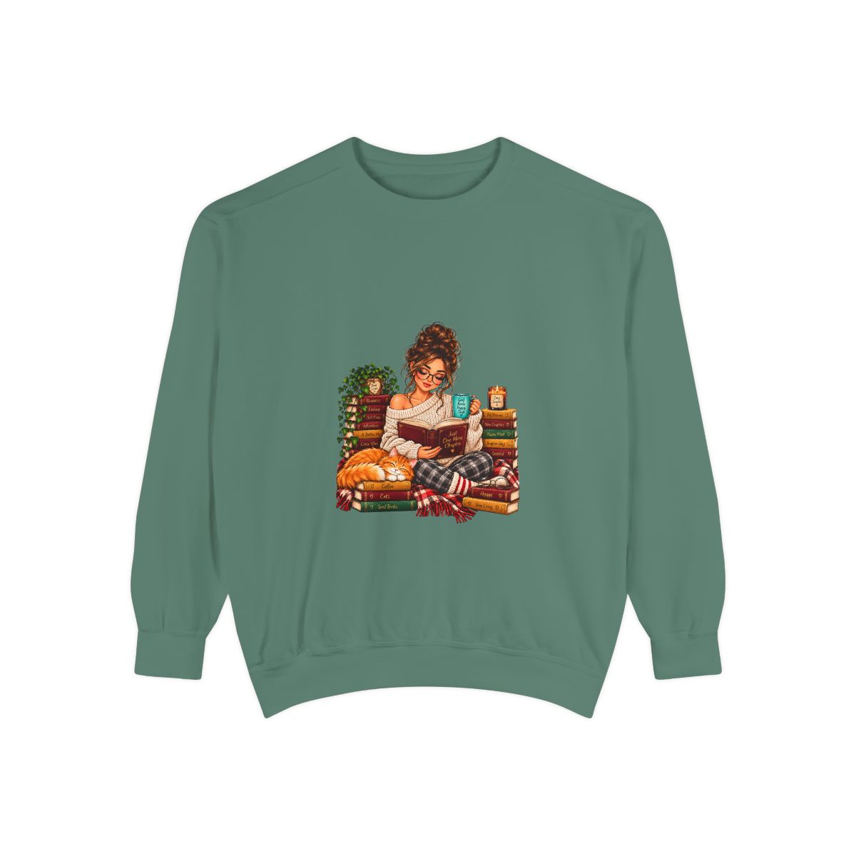 Girl Reading on Bookshelf Sweatshirt | Cozy Booklover Illustration