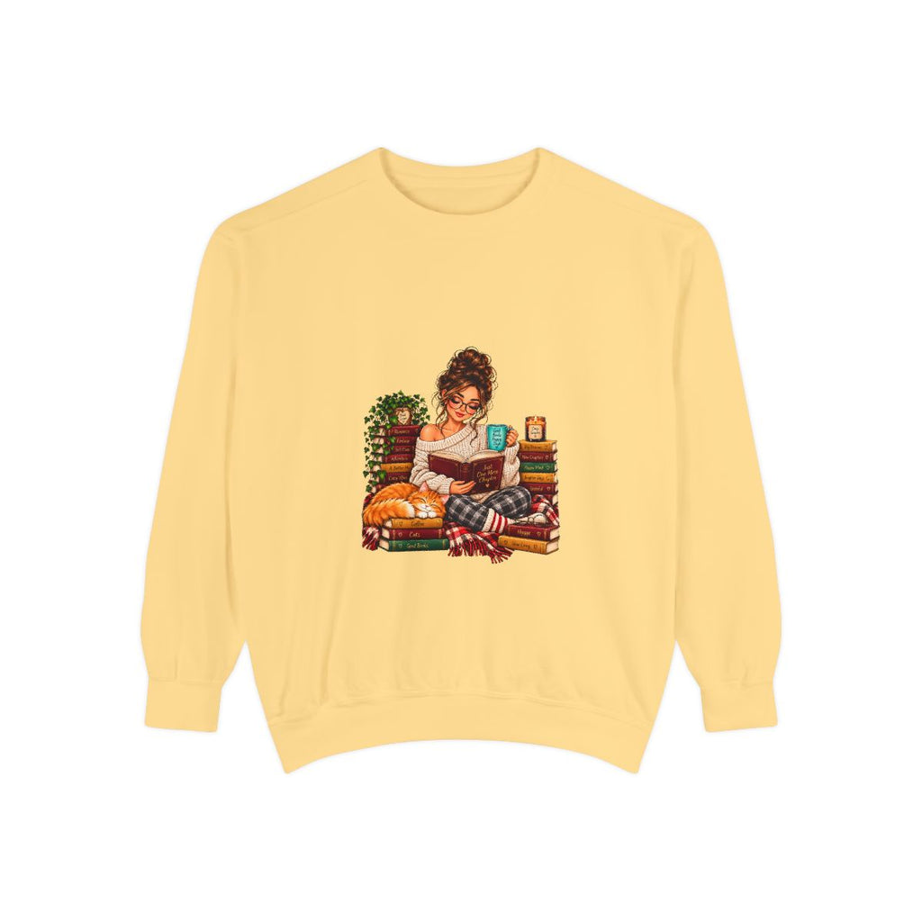 Girl Reading on Bookshelf Sweatshirt | Cozy Booklover Illustration