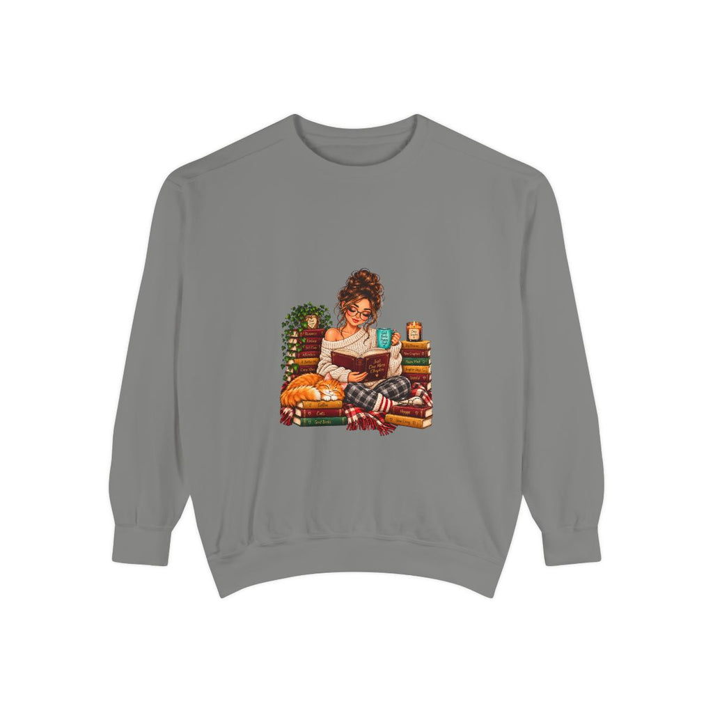 Girl Reading on Bookshelf Sweatshirt | Cozy Booklover Illustration