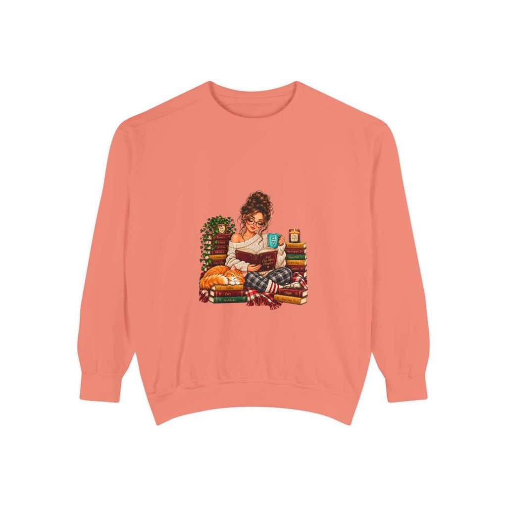 Girl Reading on Bookshelf Sweatshirt | Cozy Booklover Illustration
