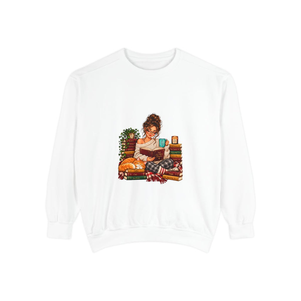 Girl Reading on Bookshelf Sweatshirt | Cozy Booklover Illustration