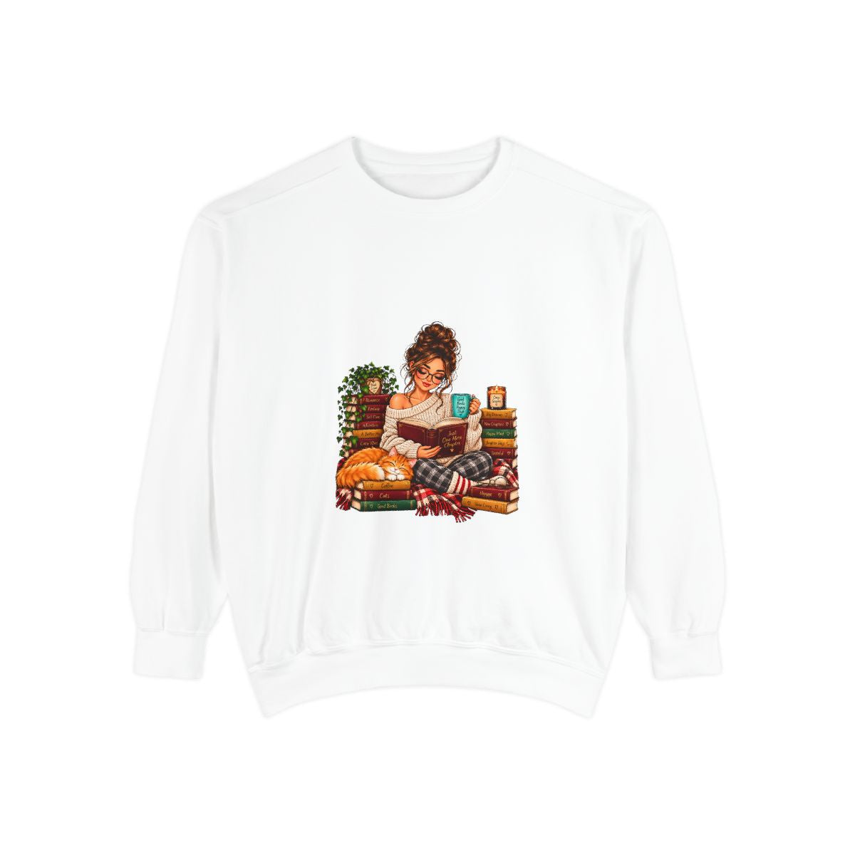 Girl Reading on Bookshelf Sweatshirt | Cozy Booklover Illustration