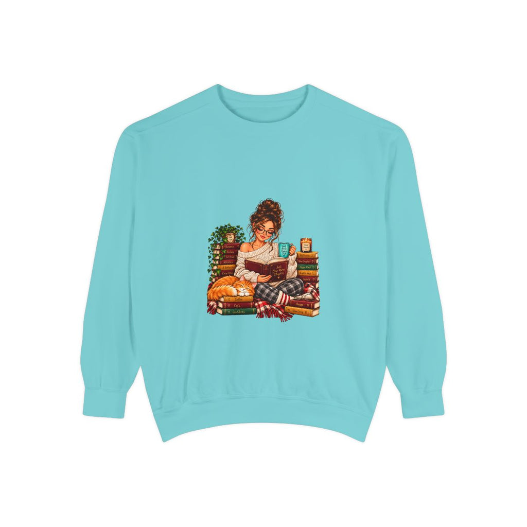 Girl Reading on Bookshelf Sweatshirt | Cozy Booklover Illustration