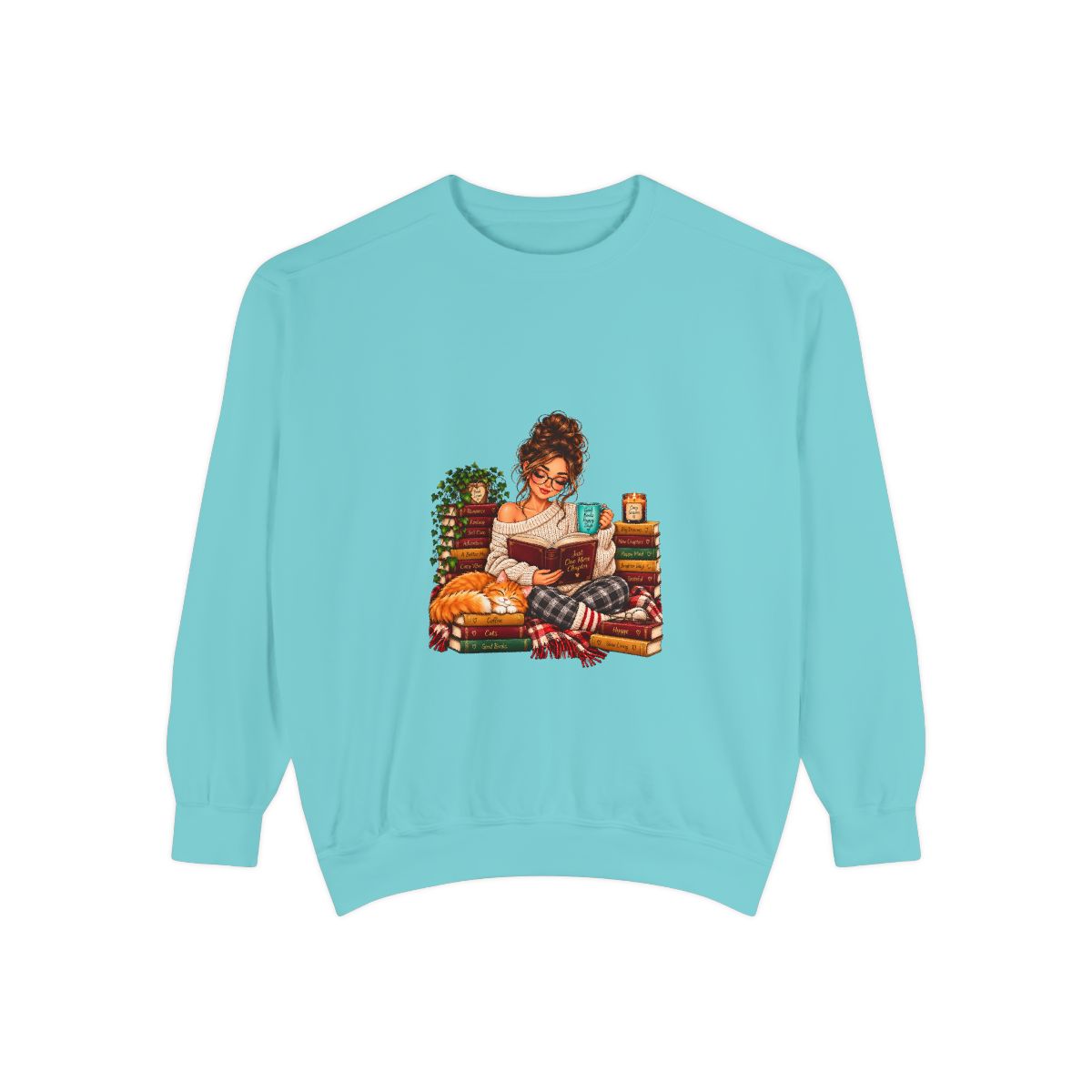 Girl Reading on Bookshelf Sweatshirt | Cozy Booklover Illustration