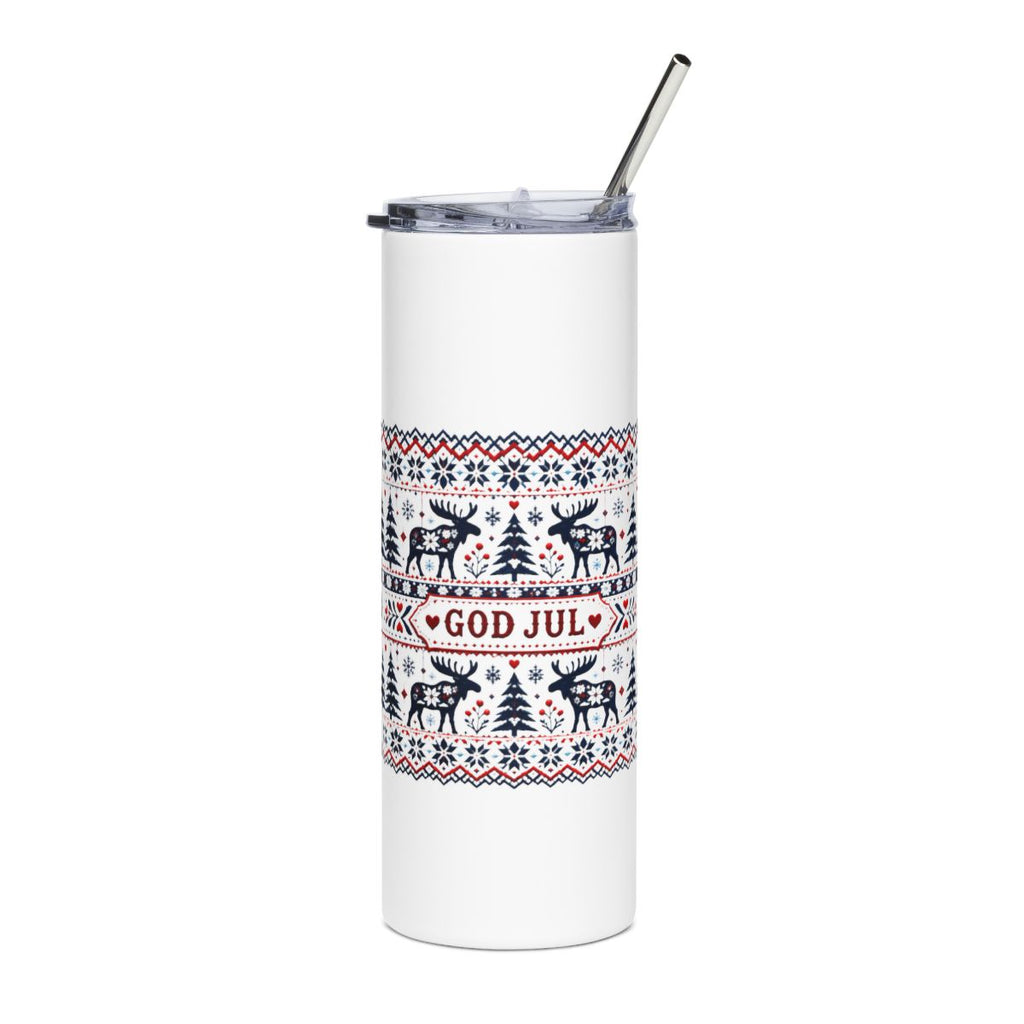 God Jul Scandinavian Christmas Tumbler | Nordic Moose Folk Pattern 20oz Insulated Cup, Hygge Holiday Gift