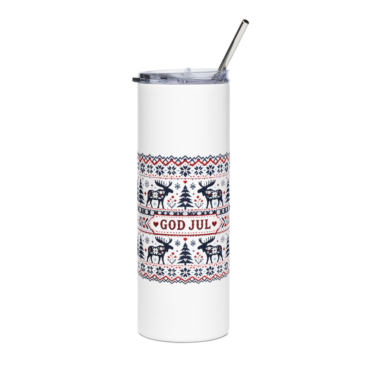 God Jul Scandinavian Christmas Tumbler | Nordic Moose Folk Pattern 20oz Insulated Cup, Hygge Holiday Gift