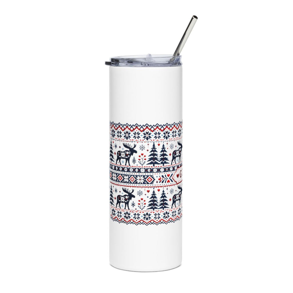 God Jul Scandinavian Christmas Tumbler | Nordic Moose Folk Pattern 20oz Insulated Cup, Hygge Holiday Gift