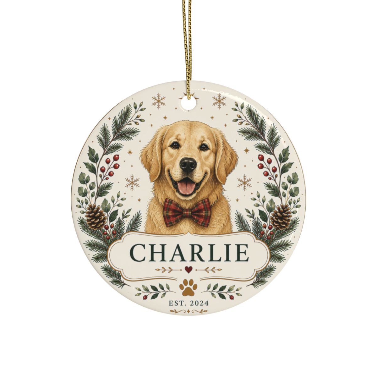 Golden Retriever Portrait Ceramic Ornament | Personalized Dog Name Ornament