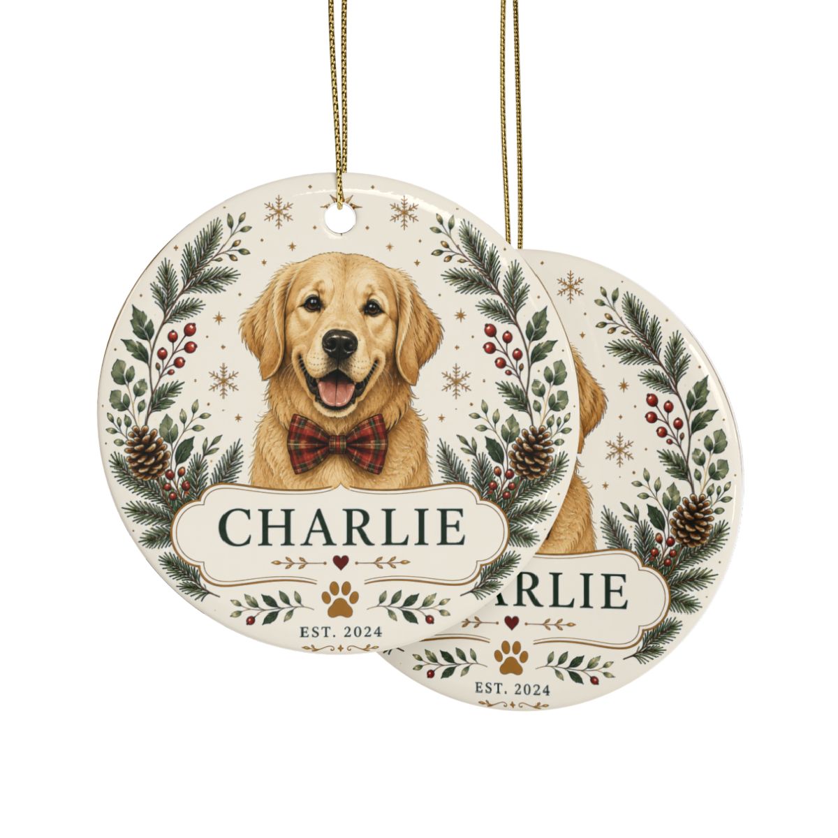 Golden Retriever Portrait Ceramic Ornament | Personalized Dog Name Ornament