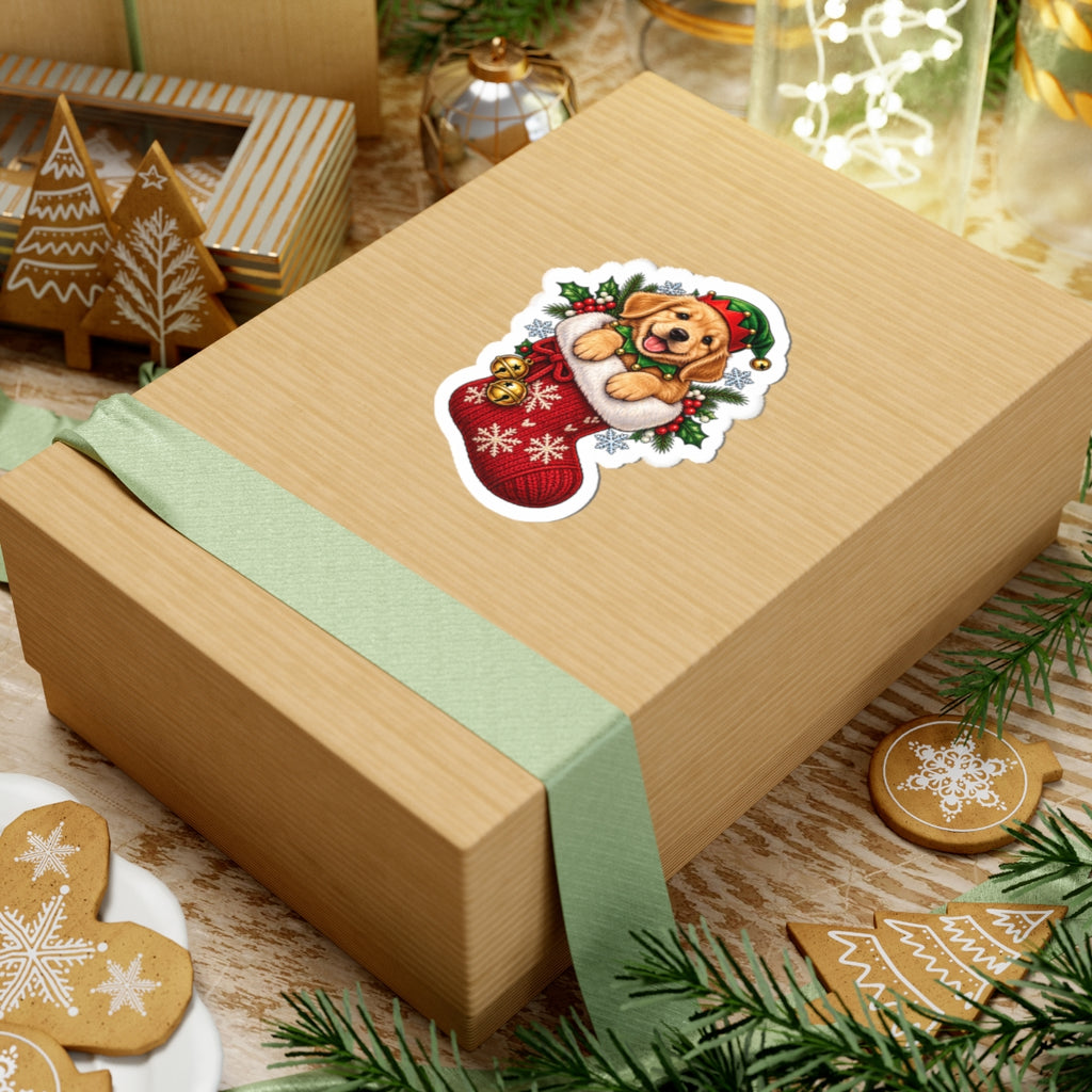 Golden Retriever Puppy in Christmas Stocking Sticker | Kiss-Cut Sticker