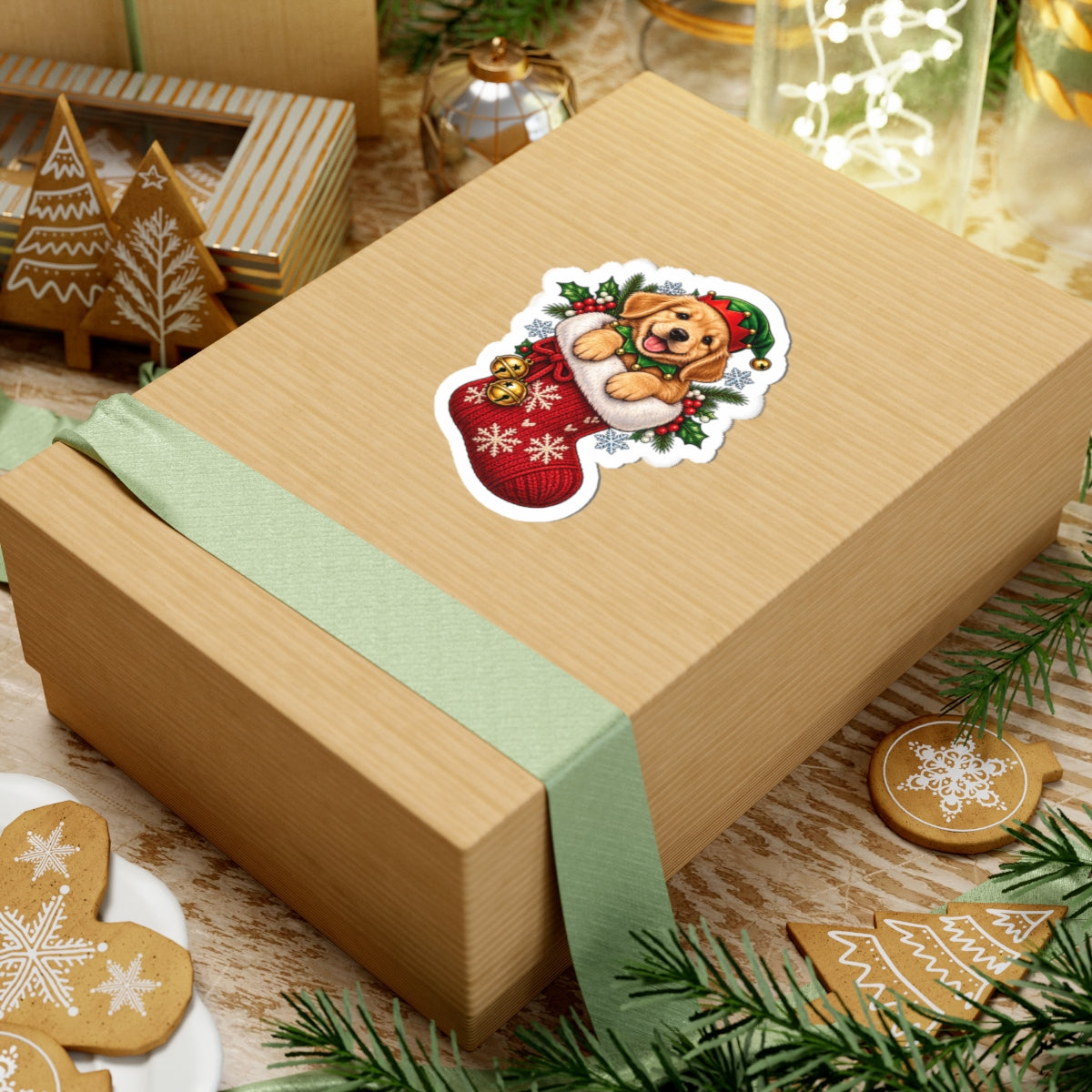 Golden Retriever Puppy in Christmas Stocking Sticker | Kiss-Cut Sticker