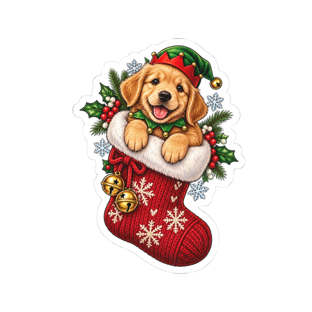 Golden Retriever Puppy in Christmas Stocking Sticker | Kiss-Cut Sticker