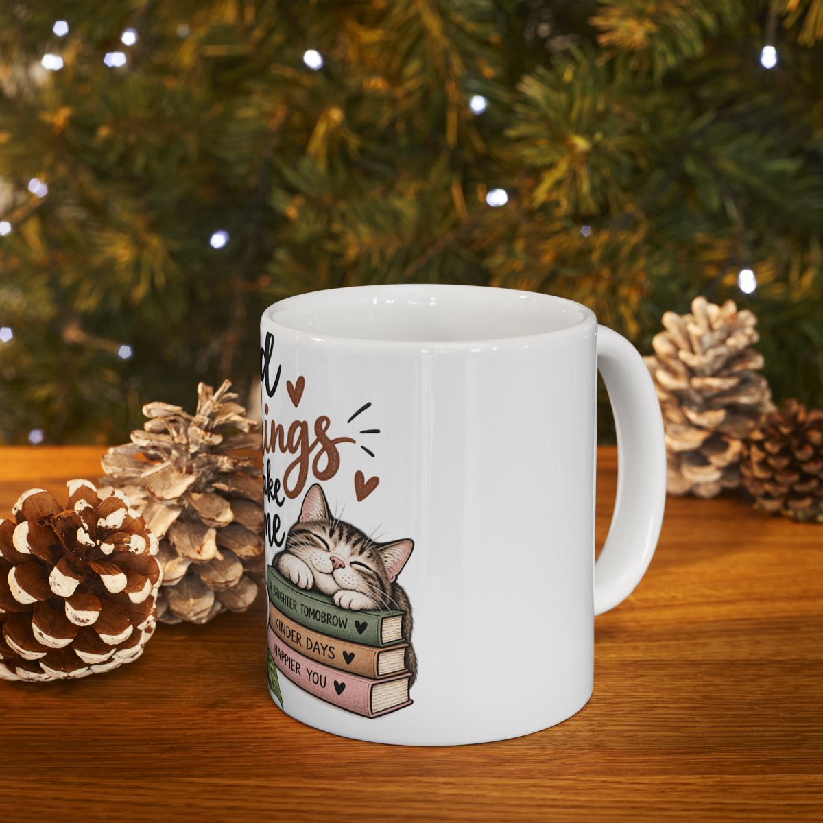 Good Things Take Time ceramic mug | cat, coffee, stack of books, motivational