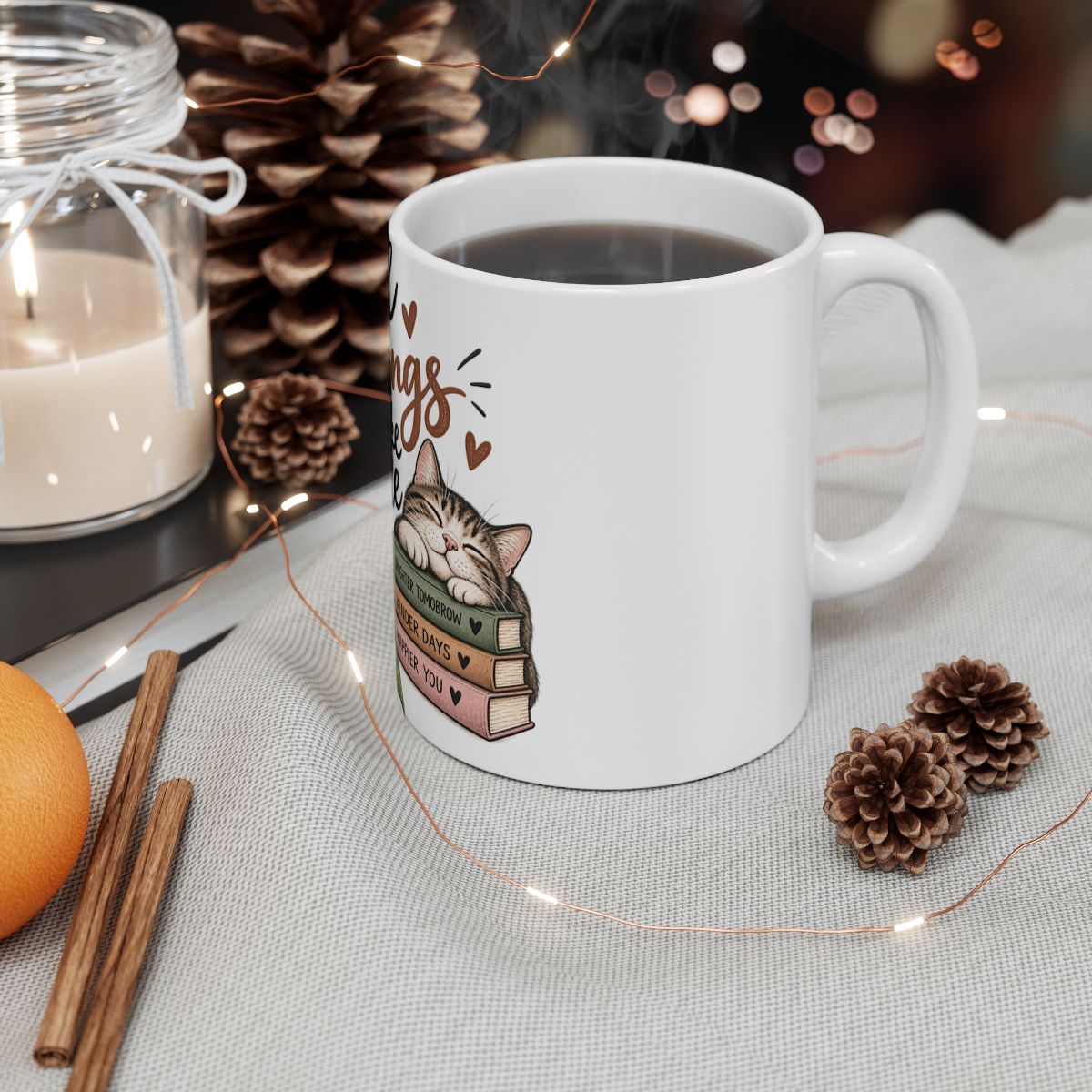 Good Things Take Time ceramic mug | cat, coffee, stack of books, motivational