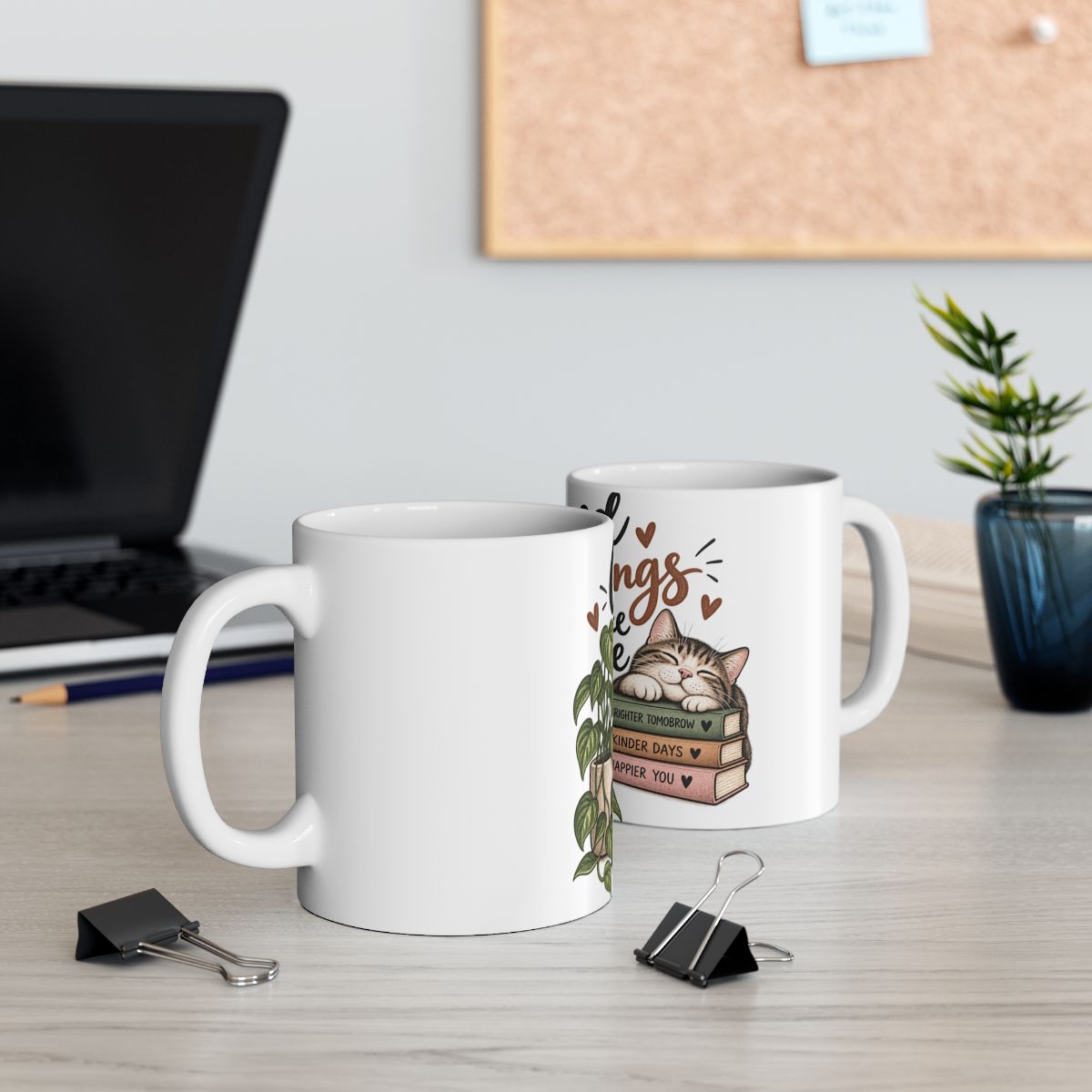 Good Things Take Time ceramic mug | cat, coffee, stack of books, motivational