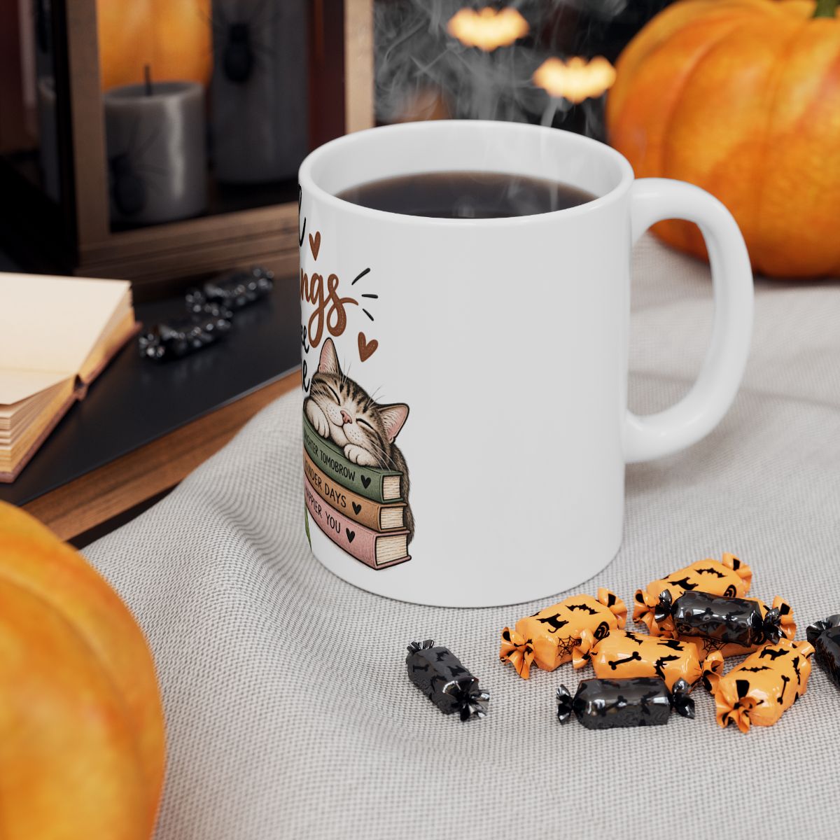 Good Things Take Time ceramic mug | cat, coffee, stack of books, motivational