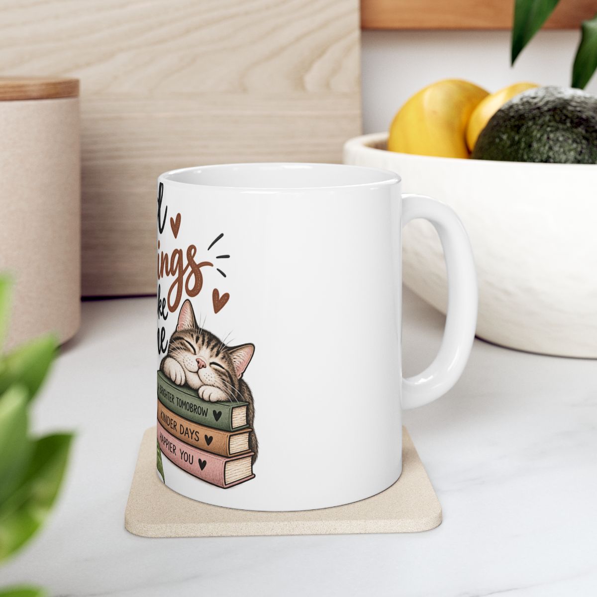 Good Things Take Time ceramic mug | cat, coffee, stack of books, motivational